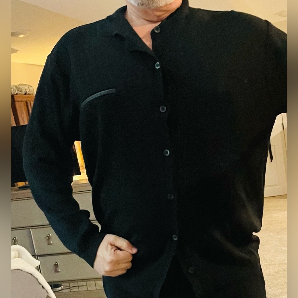 BACHRACK black button down cardigan with a leather FAKE pocket!